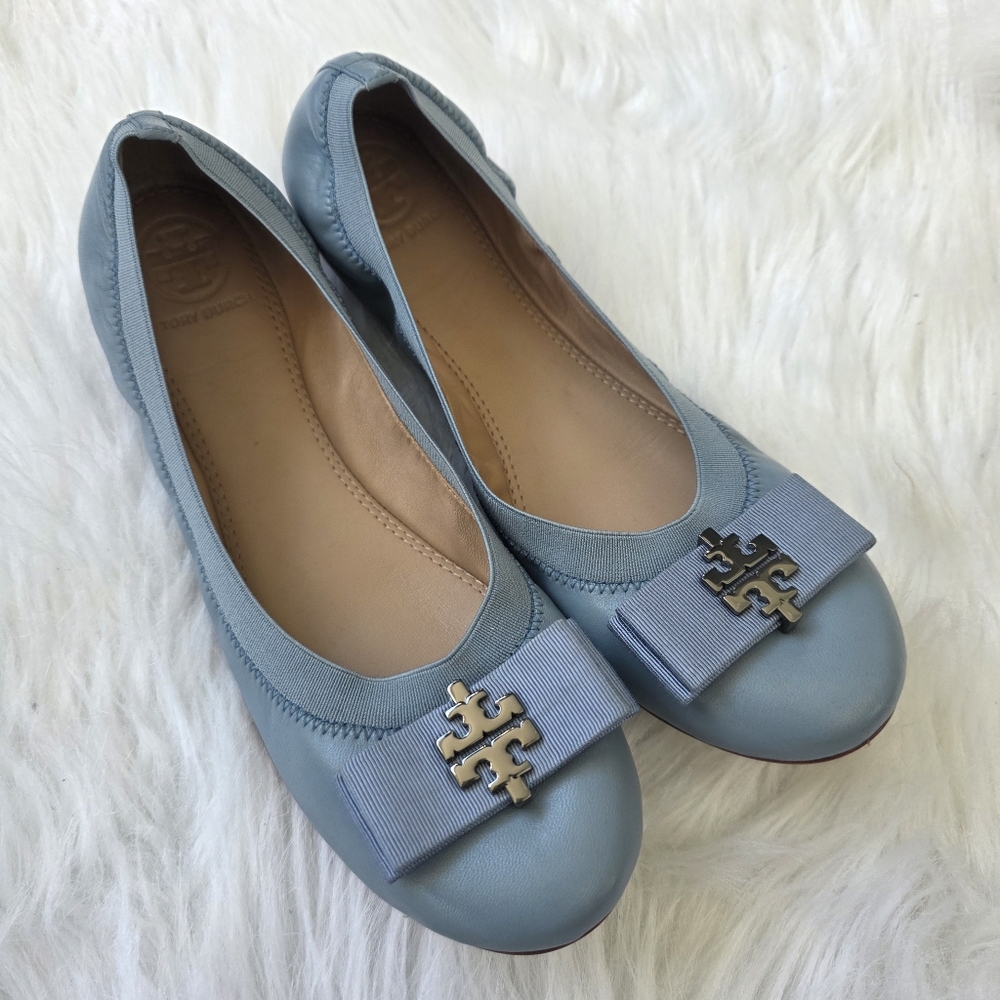 Tory Burch Light Blue Flats with Bow and Emblem Size 10.5